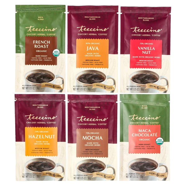 Teeccino Herbal Coffee Sampler, 6 x 30g Trial Size Chicory Coffee Alternatives - Caffeine Free & Acid Free