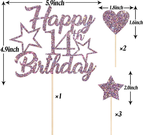 Purple Glitter Happy 14th Birthday Cake Topper with Cupcake Toppers for Boys or Girls (14th)