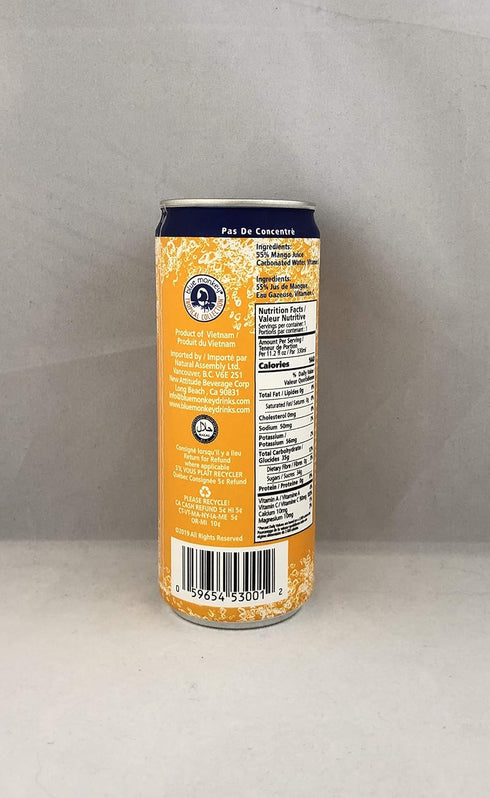 11.2oz (330ml) 12 Pack Blue Monkey Sparkling Mango Juice - Real Fruit Juice, No Sugar Added, All Natural, Lightly