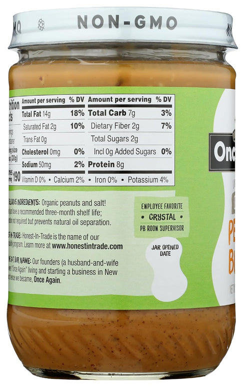 16oz Once Again Organic Crunchy Peanut Butter, - Lightly Salted, Unsweetened - USDA Organic, Gluten Free Certified