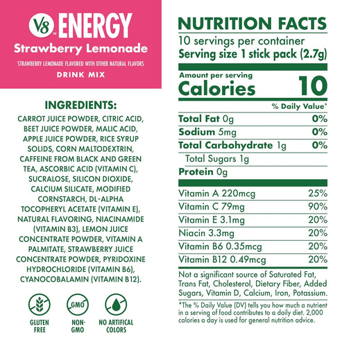 V8 .10 oz Packet (10 Count) (Pack 2) Energy Strawberry Lemonade Energy Drink Powder