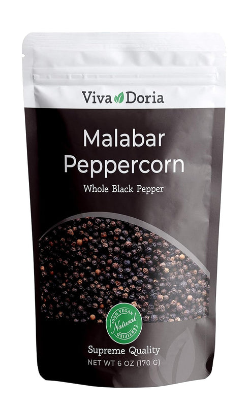 Viva Doria Malabar Peppercorn, Whole Black Pepper, Grinder Refill, 6 Ounce