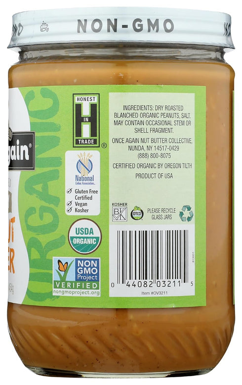 16oz Once Again Organic Crunchy Peanut Butter, - Lightly Salted, Unsweetened - USDA Organic, Gluten Free Certified