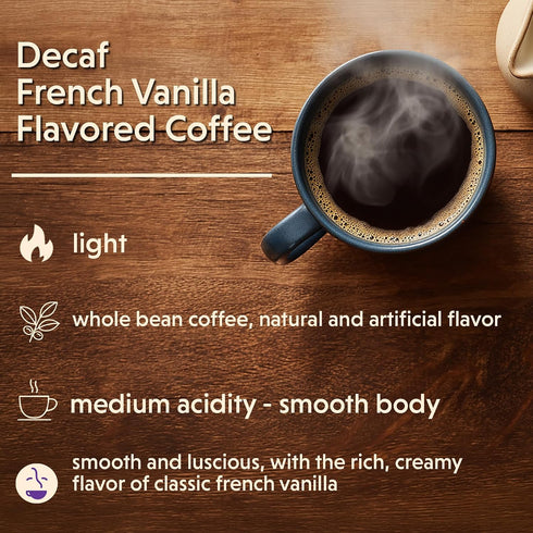 1 (Pack 1) Coffee Bean Direct Decaf French Vanilla Flavored, Whole Bean Coffee, Rich Vanilla Taste, Light Roast, Pound