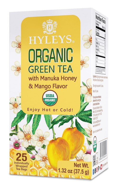 Hyleys Organic Green Tea - Manuka Honey and Mango Flavor, 25 Tea Bags