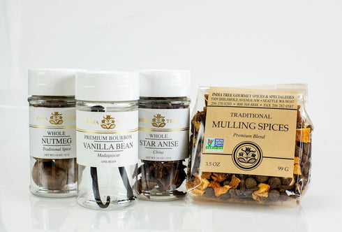 India Tree Winter Holiday Spice Gift Pack - Mulling Spices, Bourbon Vanilla Bean, Star Anise, and Nutmeg - 6.5 Ounces Total