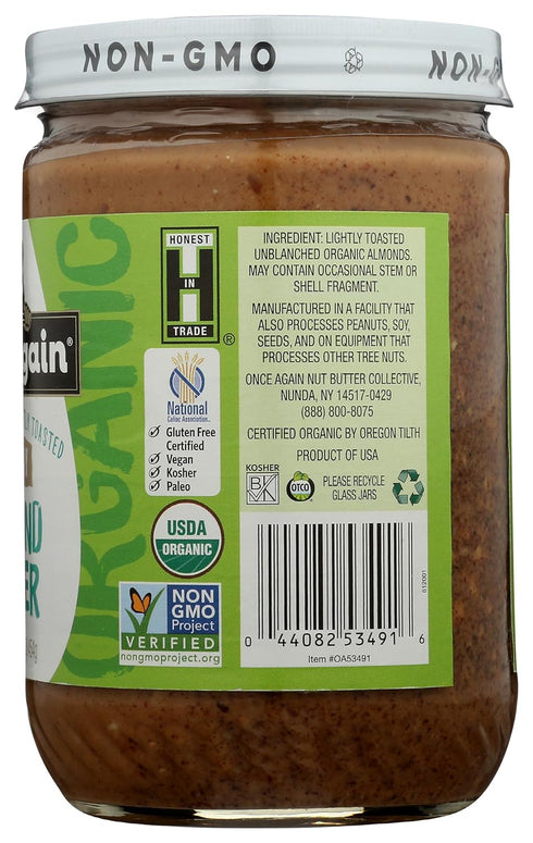 16oz Once Again Organic Crunchy Almond Butter, - Lightly Toasted - Salt Free, Unsweetened - USDA Organic, Gluten Free