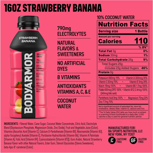 Potassium-Packed 16 Oz (Pack 12) BODYARMOR Sports Drink Sports Beverage, Strawberry Banana, Coconut Water Hydration