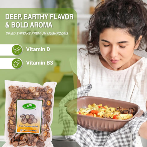 16 oz Amazon Title: Mushroom House Dried Shiitake Premium Mushrooms, Whole, - Naturally Dried, Rich Umami Flavor