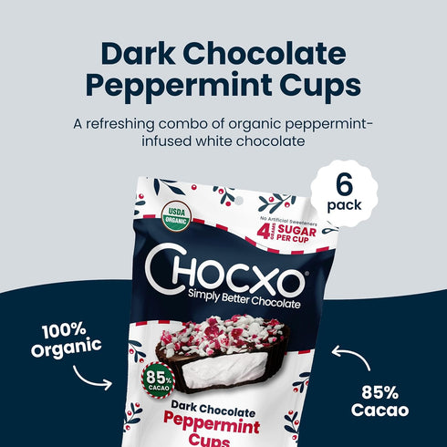 85% 3.45 oz (Pack 6) Chocxo Dark Chocolate Peppermint Cups - Lower Sugar Christmas Candy, Organic Cacao, NonGMO, Keto