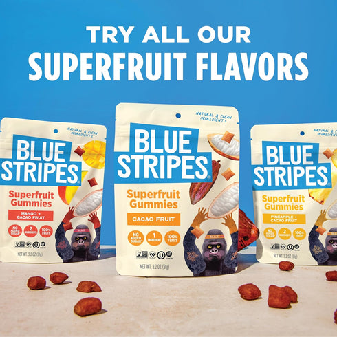 Gummies 100% Gummy, 9 3.2 oz (4 Pack) Blue Stripes Cacao Superfruit - Vegan Chewy Fruity Snack, No Sugar Added Fruit