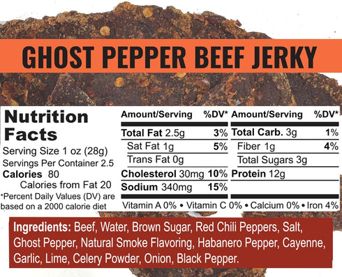 2.5 Pack 3 Slate Belt Smokehouse Ghost Pepper Jerky, Spicy Beef Jerky with Hot Peppers Ounce