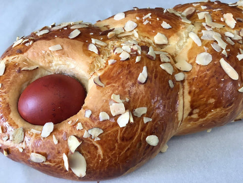 Glyka-Sweets 1.5 lb Tsoureki Traditional Greek Easter Bread with red egg, about