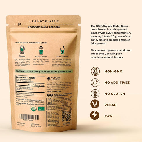 Numami Organic Barley Grass Juice Powder, Grown in USA, Pure Raw and Water Soluble, Add to Your Smoothie or Drink as a