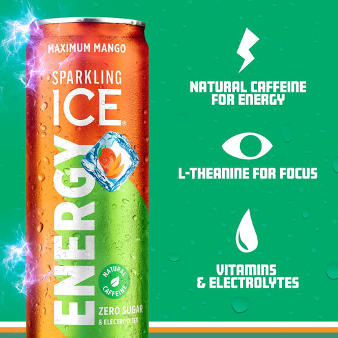 12Pk. 12 oz Sparkling Ice Energy Maximum Mango Energy Drinks with Vitamins + Antioxidants, Zero Sugar. fl cans.