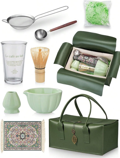 Set 7-Piece Set Set Matcha Whisk Premium Traditional Matcha with Bamboo Whisk, Matcha Cup, Sifter & Green Leather Case