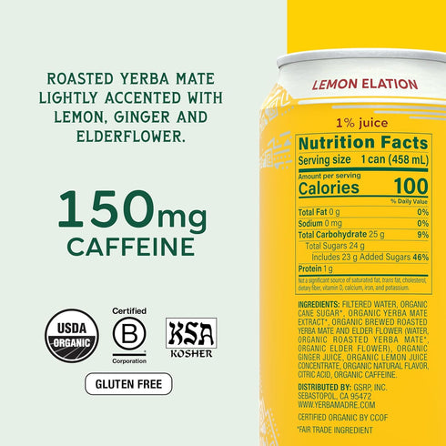 150mg 15.5 Oz (Pack 12) Yerba Madre Organic Yerba Mate, Lemon Elation, Natural Caffeine, Energy Drink Alternative, No