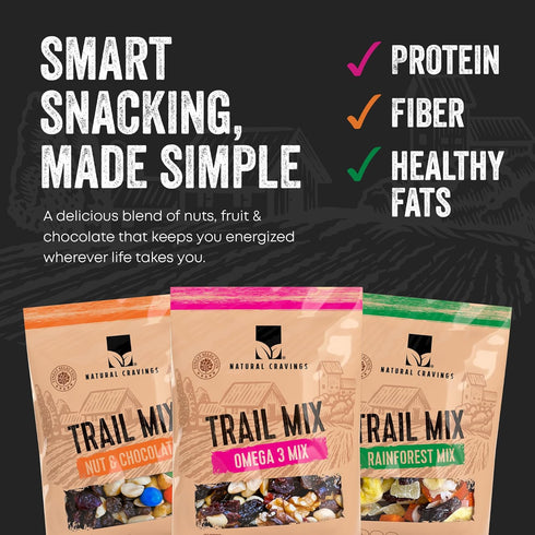 Natural Cravings Packs 5 Packs, 3.5 oz Trail Mix Snack Variety - Bags - Dried Fruit Mix & Nuts Mix with Chocolate