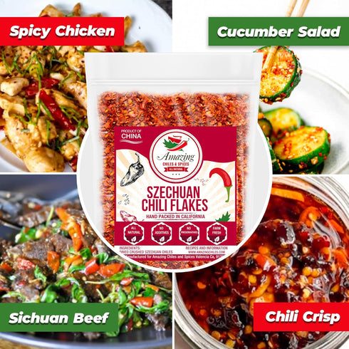 Sichuan Chili Flakes, 8 oz - Traditional Red Pepper Spices and Szechuan Seasoning for Thai, Korean, Mexican, and Asian Dishes, Authentic Medium Hot Flavor for Kimchi, Pizza, Tacos, or Oils by Amazing Chiles and Spices