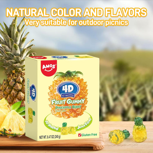 4D Gummy 8.47 oz 3D ~10 Packs, AMOS Fruit Candy, Pineapple Burst, Box - Realistic Shapes with Soft Juice-Filled Center