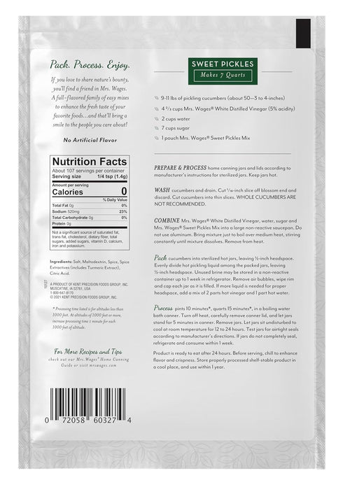 5.3 oz Packet Pack 6) Mrs. Wages Sweet Pickles Quick Process Mix Quick and Easy Simple-To-Use Simple Homemade Pickles