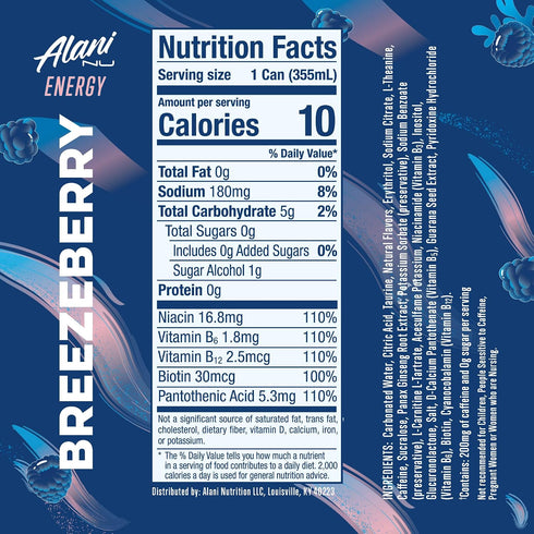 (Pack 12) Alani Nu Breezeberry Sugar Free Energy Drink