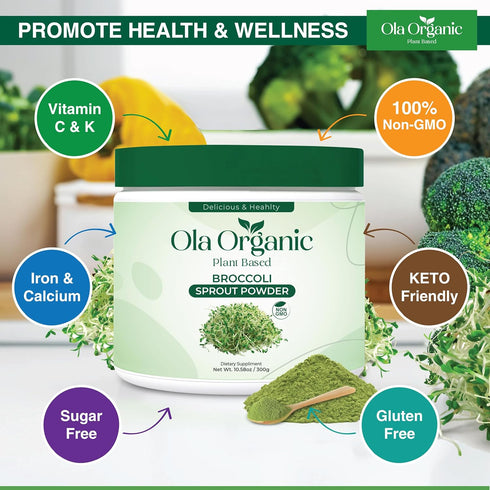 Ola Organic (300g Broccoli Sprout Powder Sulforaphane-Rich Superfood with Vitamins & Minerals Supports Daily Wellness