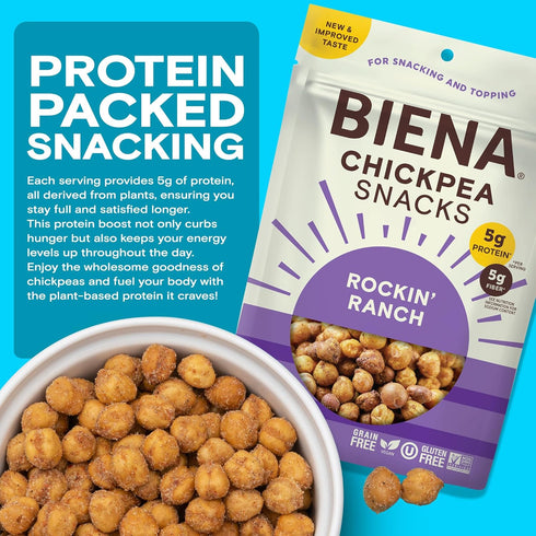 4-Pack, 5 BIENA Chickpea Snacks - Crunchy Roasted Chickpeas - High Fiber Vegan Protein Snacks for Adults and Kids