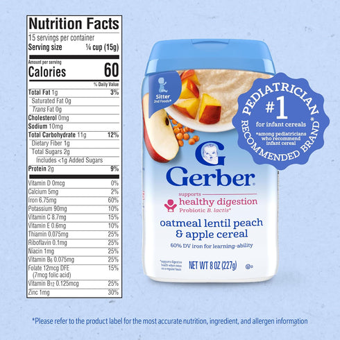 2 6PK Gerber Stage Baby Food, Oatmeal Lentil Peach & Apple Cereal, Baby Cereal