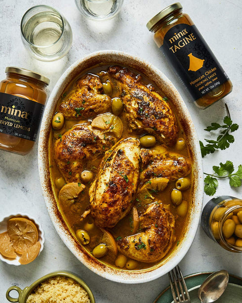 Simmer 12 oz Mina Tagine Moroccan Chicken Sauce, - Classic Ginger Saffron Made with Turmeric, Lemon & Olive Oil, Tagine