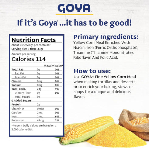 24oz. Yellow Cornmeal by Goya, Gluten Free Cornmeal, Harina De Maiz, Fine Ground Corn Flour for Cornbread, Cornmeal