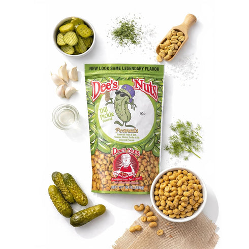 10 oz Dees Nuts Dill Pickle Flavored Peanuts - Resealable Bag | Gourmet Flavored Peanuts, Crunchy Snack Nuts, Tangy