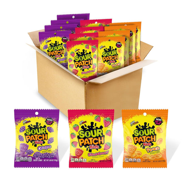 Sour Patch Kids Fruit Flavors Soft & Chewy Candy Variety Pack, Peach, Grape, Strawberry, 12