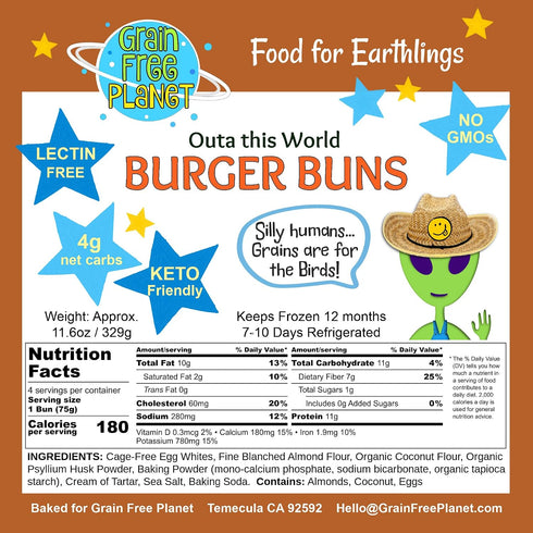 100% 0g 4g 11g 12 Pack Grain Free Planet's Grain Free, Artisan Burger Buns | Clean Keto, Lectin Free, Gluten Free, Soy