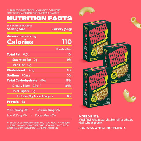 Elbow 8 55% 110 2 Packs 3 Carbe Diem!, Penne & Bundle, Lower Net Carb Pasta with Traditional Flavor & Texture, grams