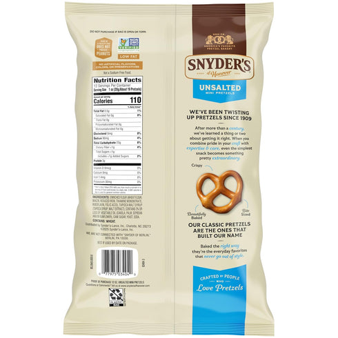 12 Oz Snyder's of Hanover, Unsalted Mini Pretzels, Bag