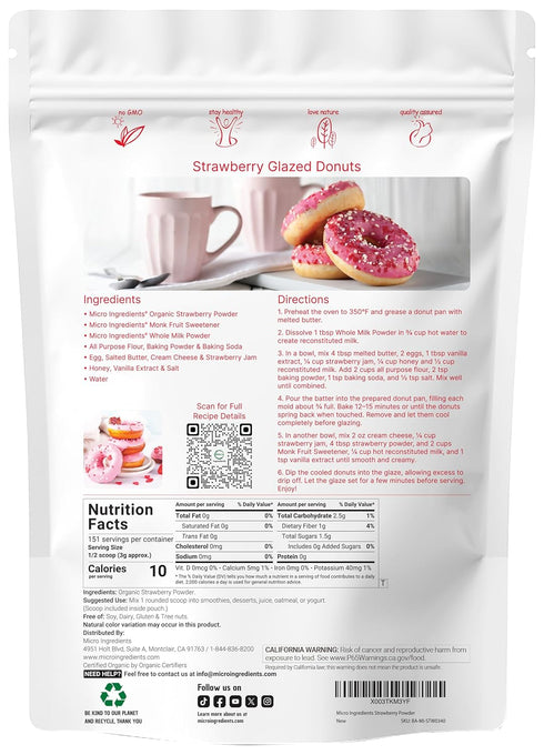 1 Lb 100% Organic Strawberry Powder, | Natural Fruit Powder | Freeze-Dried Strawberries Source | No Sugar & Additives |