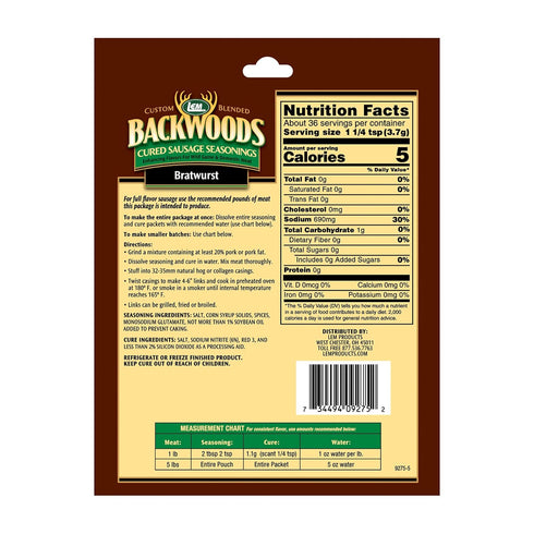 25 23.5 Packet Packet LEM Products Backwoods Bratwurst Cured Sausage Seasoning, Ideal for Wild Game and Domestic Meat