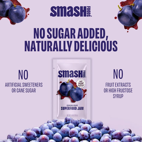 Packets 10 Smash Foods Grape Jam Squeeze | Single Serve | Natural, Keto & No Sugar Added | Vegan & Upcycled Fruit