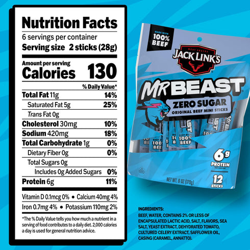 6g 100% 12 Count Jack Links x MrBeast Beef Sticks, Zero Sugar Mini Beef Sticks, As Seen on Beast Games, Protein, Made