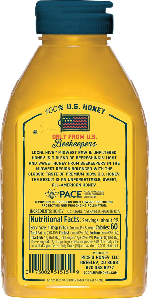16 oz 100% Local Hive Midwest Raw & Unfiltered | Pure U.S. Honey | Natural Sweetener Sourced from American Bees