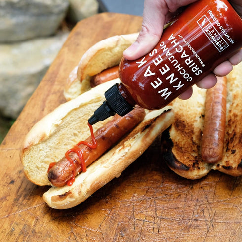 10.5oz Weak Knees Gochujang Sriracha Hot Sauce, Infused with Bold Korean Gochujang Paste & Classic Spicy Sriracha, Made