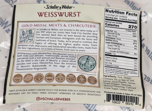 Generic 12 oz (Pack 4) Schaller and Weber Weisswurst (Bockwurst)