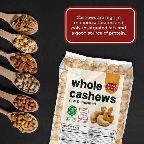 Spicy World 2 (32oz) Raw Cashews Whole Pound - Non-GMO, Unsalted, Natural & Pure Whole Cashews - Great for Pesto