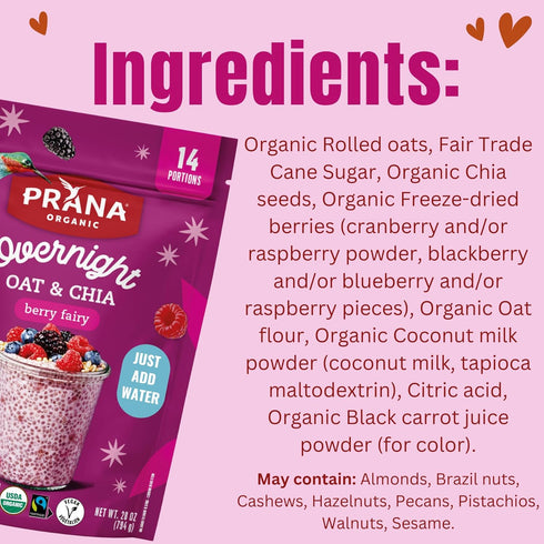 28 oz 2 Pack Prana Organic Overnight Chia with Oats Berry Fairy | Rich in Fiber & Protein, Vegan, Non-GMO | Ready