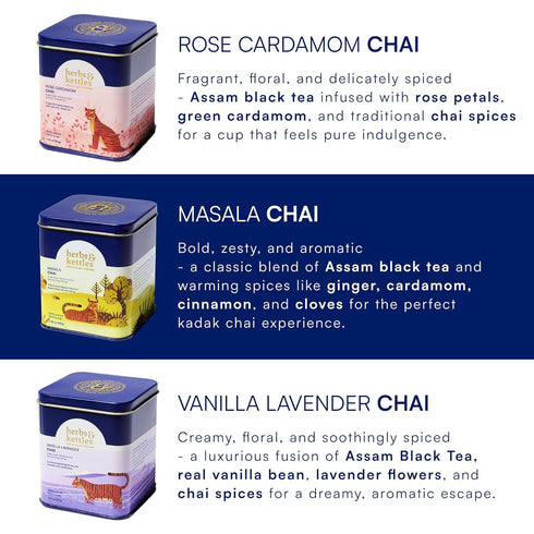 Set Herbs & Kettles Chai - Combo | Masala Chai, Rose Cardamom Chai & Vanilla Lavender | Gourmet Loose Leaf Tea for Tea