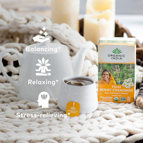 Immune 18 6 Pack Organic India Tulsi Honey Chamomile Tea Bags - Herbal Tea for Stress Relieving & Calming, Support