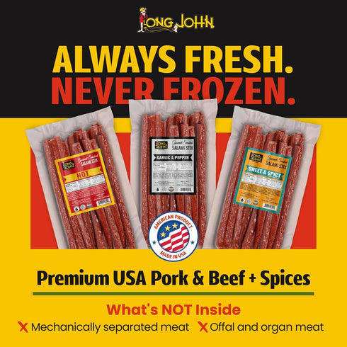 Pack Never-Frozen 16 Oz Long John Snacks Dried Salami Sticks - High Protein Smoked Meat Sticks Bulk - Handcrafted From