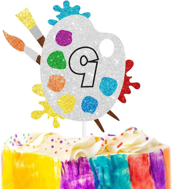 9th Slime Cake Topper - Art Themed Palette Painting Graffi Boy Girl Birthday Party Decorations Supplies for Nine Years