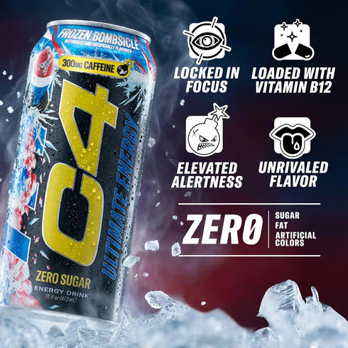 C4 300mg Frozen 16oz (Pack 12) Ultimate Energy Drink, Caffeine, Zero Sugar, High-Performance Energy for Pre-Workout